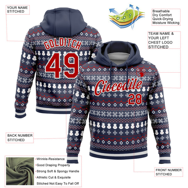 Custom Stitched Navy Red-White 3D Christmas Sports Pullover Sweatshirt Hoodie