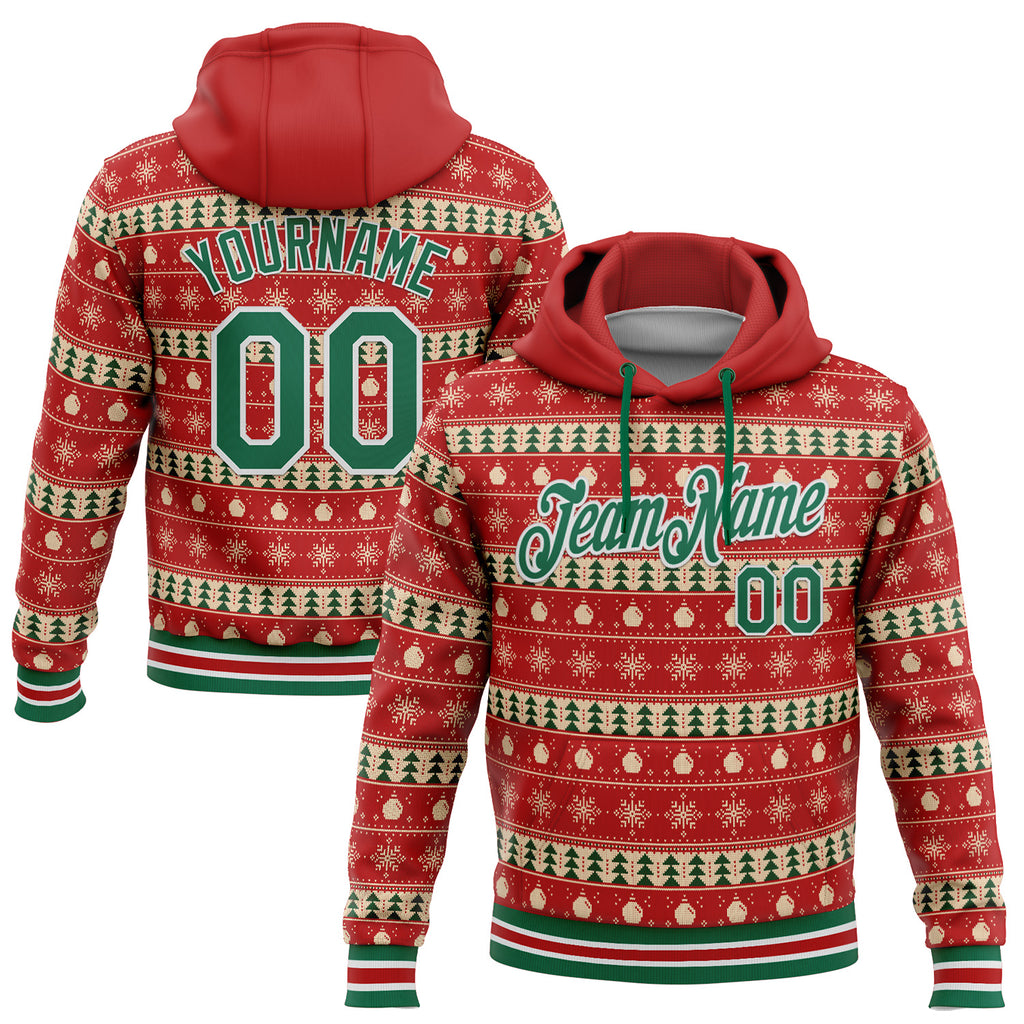 Custom Stitched Red Kelly Green-White 3D Christmas Sports Pullover Sweatshirt Hoodie