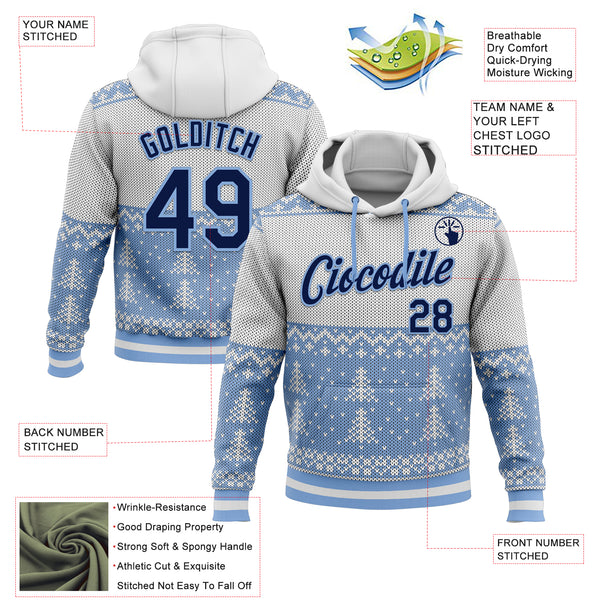 Custom Stitched White Navy-Light Blue 3D Christmas Sports Pullover Sweatshirt Hoodie