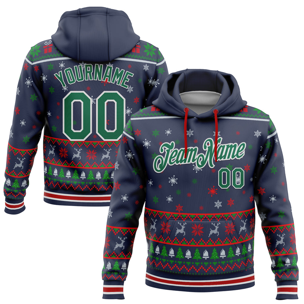 Custom Stitched Navy Kelly Green-White 3D Christmas Sports Pullover Sweatshirt Hoodie