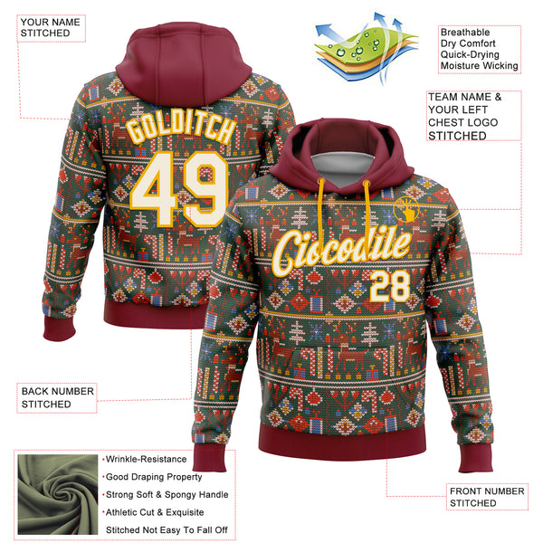 Custom Stitched Crimson Cream-Gold 3D Christmas Sports Pullover Sweatshirt Hoodie