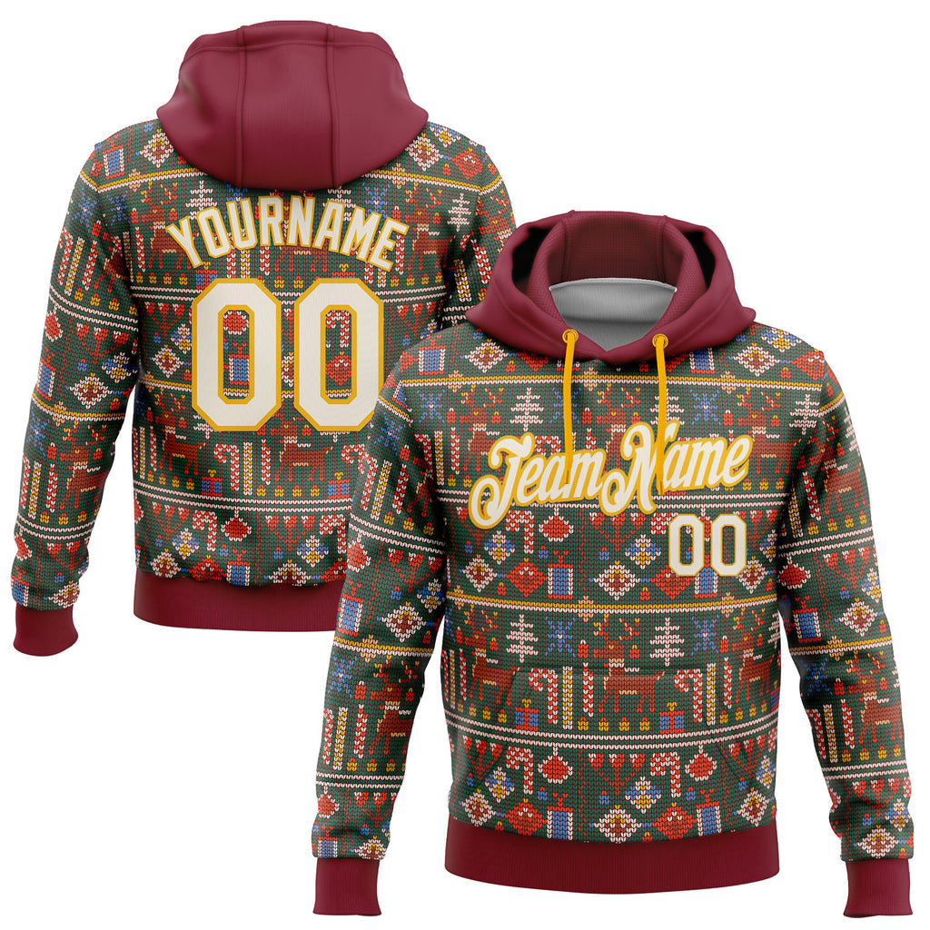 Custom Stitched Crimson Cream-Gold 3D Christmas Sports Pullover Sweatshirt Hoodie