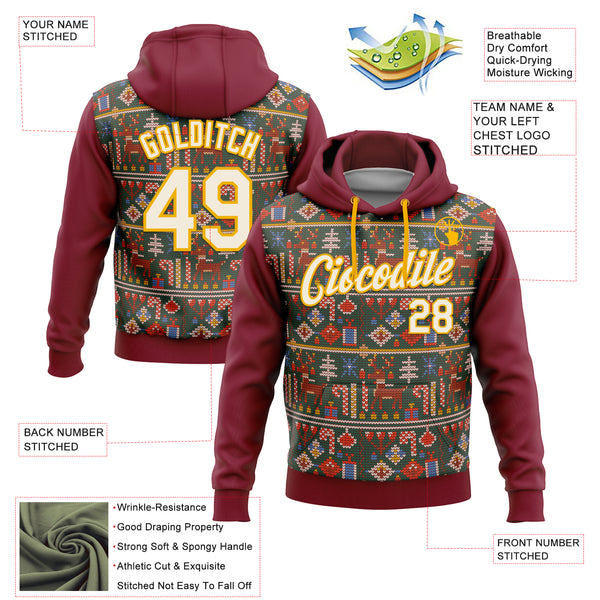 Custom Stitched Crimson Cream-Gold 3D Christmas Sports Pullover Sweatshirt Hoodie