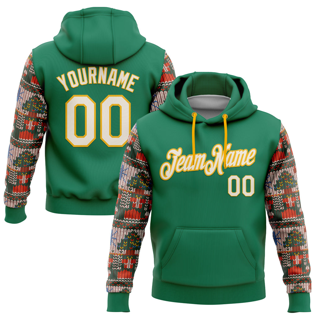 Custom Stitched Kelly Green Cream-Gold 3D Christmas Sports Pullover Sweatshirt Hoodie