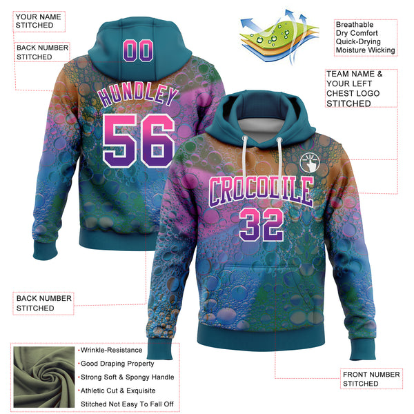 Custom Stitched Teal Pink-Purple Fade 3D Pattern Design Colorful Bubbles Sports Pullover Sweatshirt Hoodie