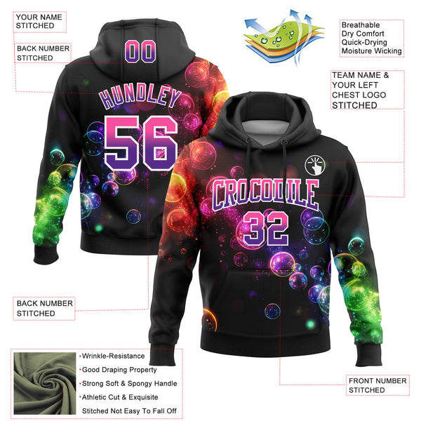 Custom Stitched Black Pink-Purple Fade 3D Pattern Design Colorful Bubbles Sports Pullover Sweatshirt Hoodie