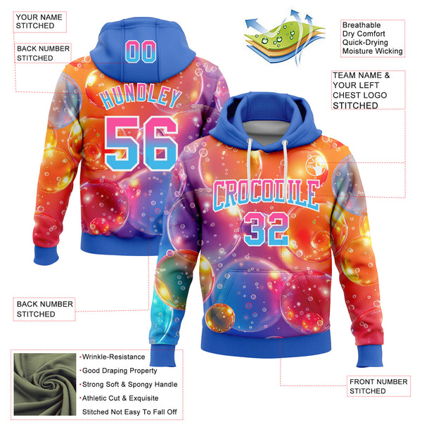 Custom Stitched Orange Pink Sky Blue-Thunder Blue Fade 3D Pattern Design Colorful Bubbles Sports Pullover Sweatshirt Hoodie