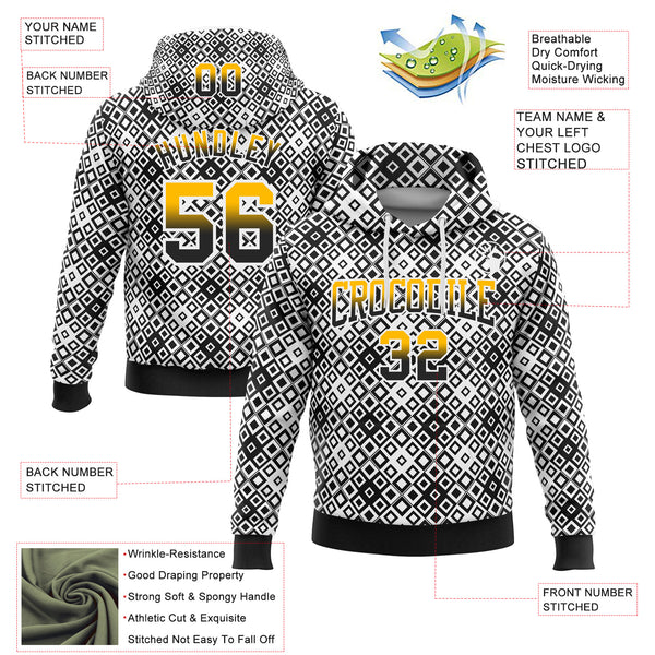 Custom Stitched White Gold-Black Fade 3D Pattern Design Geometric Square Shapes Sports Pullover Sweatshirt Hoodie