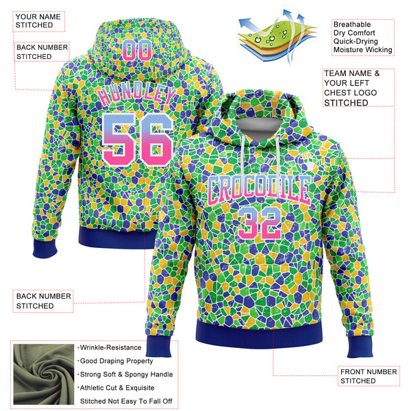 Custom Stitched Green Light Blue Pink-Royal Fade 3D Pattern Design Geometric Shapes Sports Pullover Sweatshirt Hoodie