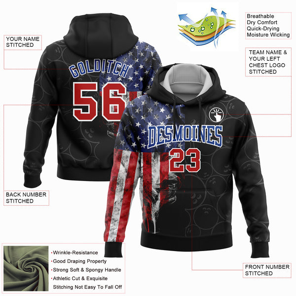 Custom Stitched Black Red-Royal 3D American Flag Bowling Sports Pullover Sweatshirt Hoodie