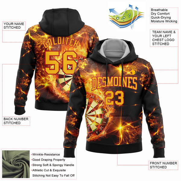 Custom Stitched Black Gold-Red 3D Flame Dart Board Sports Pullover Sweatshirt Hoodie