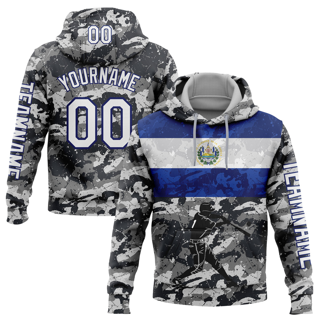 Custom Stitched Camo White-Navy 3D El Salvador El Salvadoran Flag Sports Pullover Sweatshirt Salute To Service Hoodie