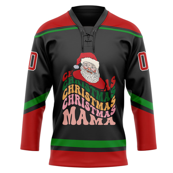 Custom Black Red-Grass Green Funny Christmas 3D Hockey Lace Neck Jersey