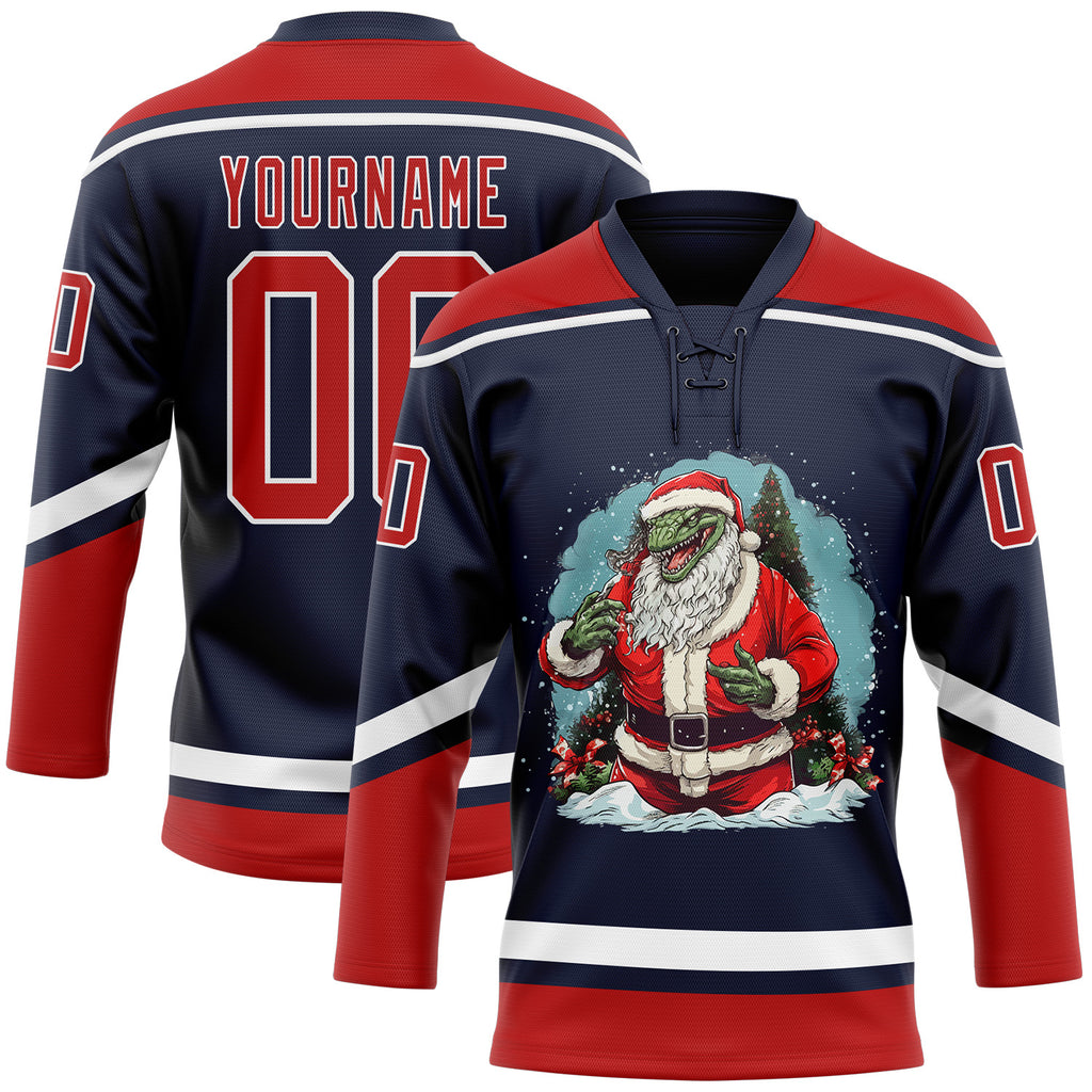 Custom Navy Red-White Funny Christmas 3D Hockey Lace Neck Jersey