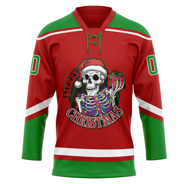 Custom Red Grass Green-White Funny Christmas 3D Hockey Lace Neck Jersey