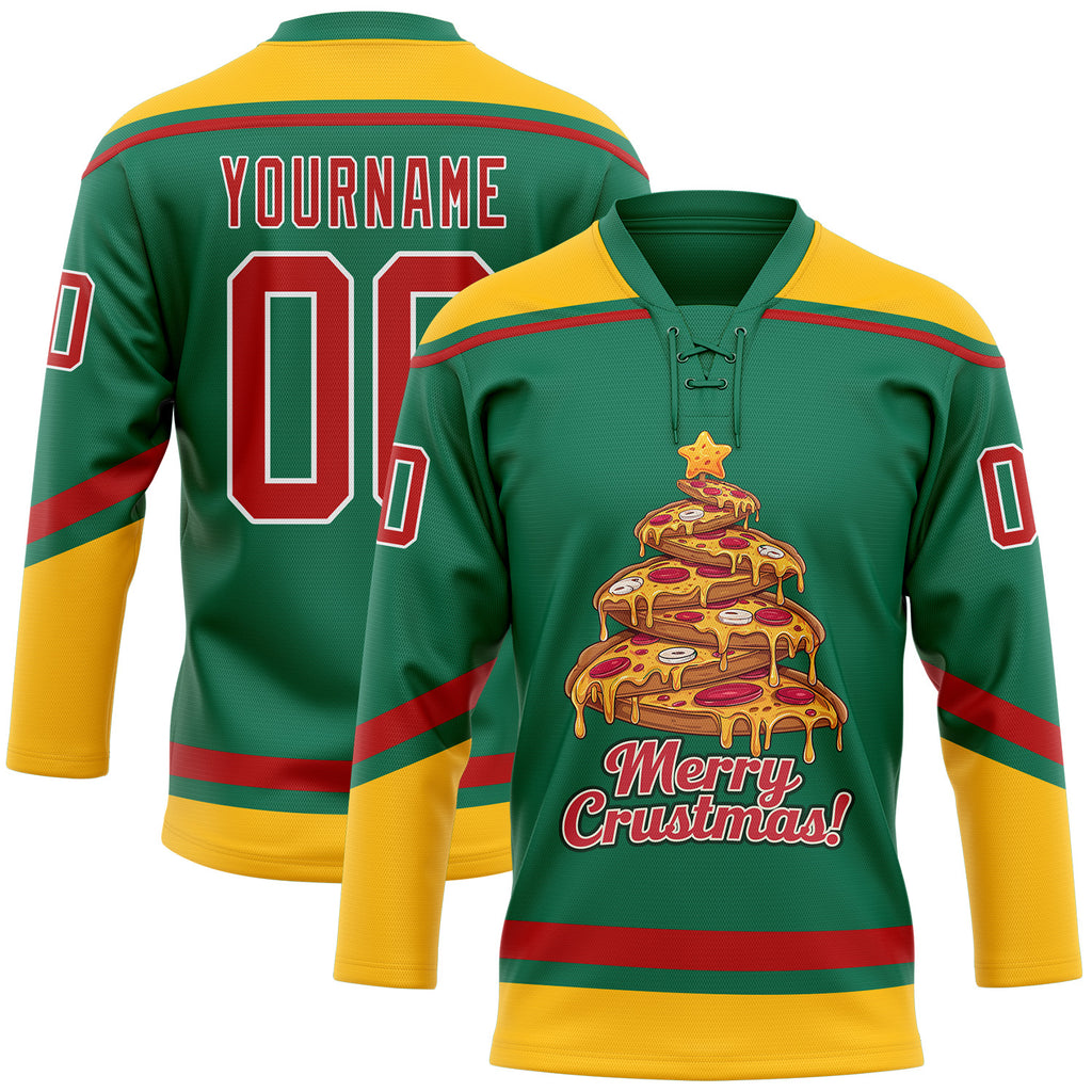 Custom Kelly Green Red-Gold Funny Christmas 3D Hockey Lace Neck Jersey