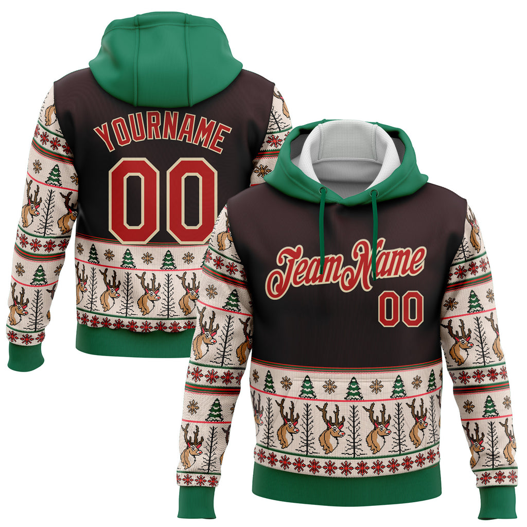 Custom Stitched Brown Red Cream-Kelly Green Christmas 3D Sports Pullover Sweatshirt Hoodie