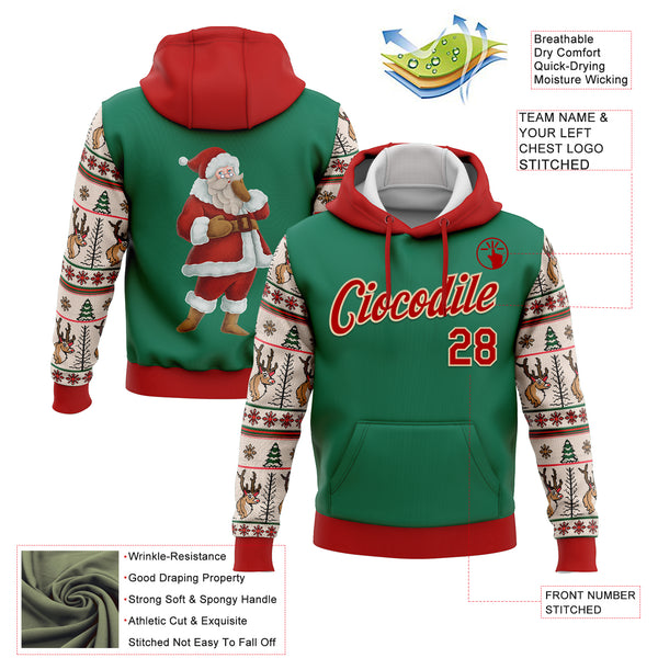 Custom Stitched Kelly Green Red-Cream Christmas 3D Sports Pullover Sweatshirt Hoodie