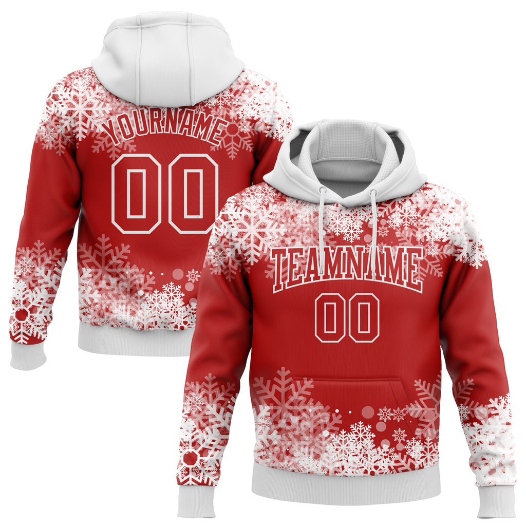 Custom Stitched Red White Christmas Snowflakes 3D Sports Pullover Sweatshirt Hoodie