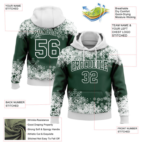 Custom Stitched Green White Christmas Snowflakes 3D Sports Pullover Sweatshirt Hoodie