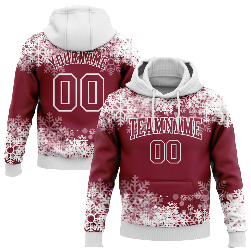 Custom Stitched Crimson White Christmas Snowflakes 3D Sports Pullover Sweatshirt Hoodie