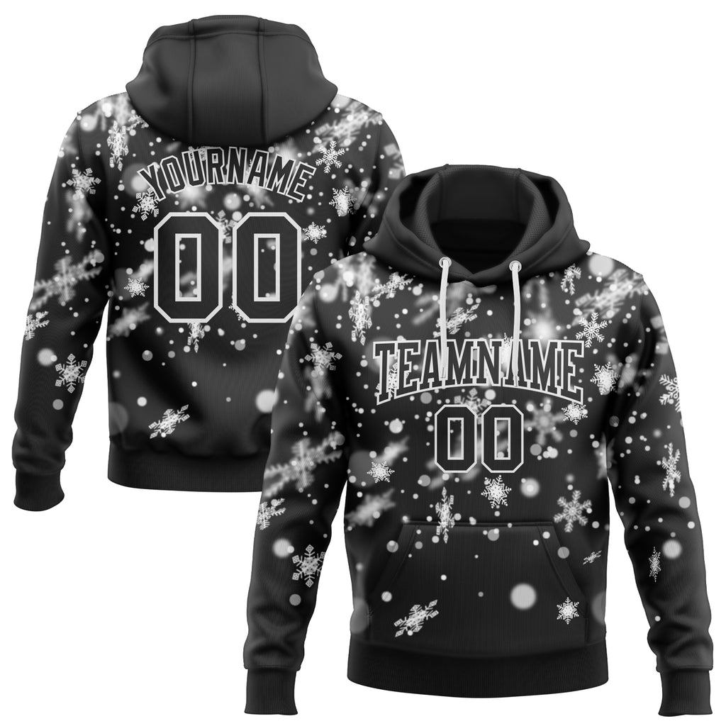 Custom Stitched Black White Christmas Snowflakes 3D Sports Pullover Sweatshirt Hoodie