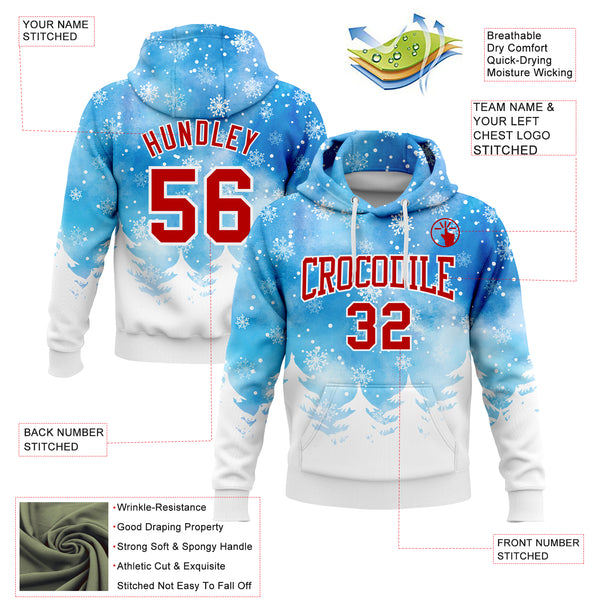 Custom Stitched Powder Blue Red-White Christmas Snowflakes 3D Sports Pullover Sweatshirt Hoodie