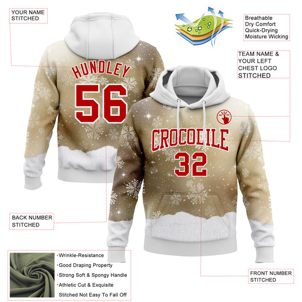 Custom Stitched Old Gold Red-White Christmas Snowflakes 3D Sports Pullover Sweatshirt Hoodie