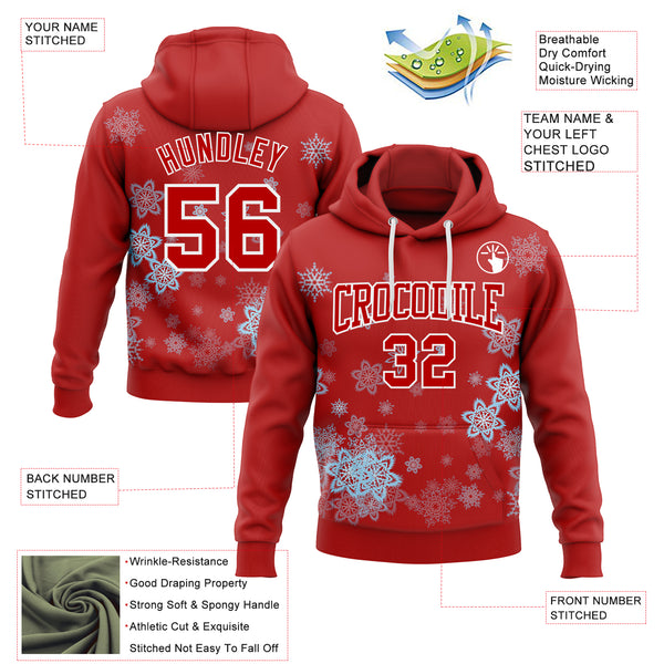 Custom Stitched Red White Christmas Snowflakes 3D Sports Pullover Sweatshirt Hoodie