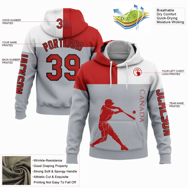 Custom Stitched Gray Red Fire Red-Black 3D Canada Canadian Flag Sports Pullover Sweatshirt Hoodie