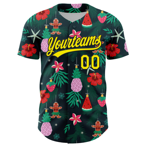 Custom Green Light Yellow-Black 3D Funny Christmas Authentic Baseball Jersey