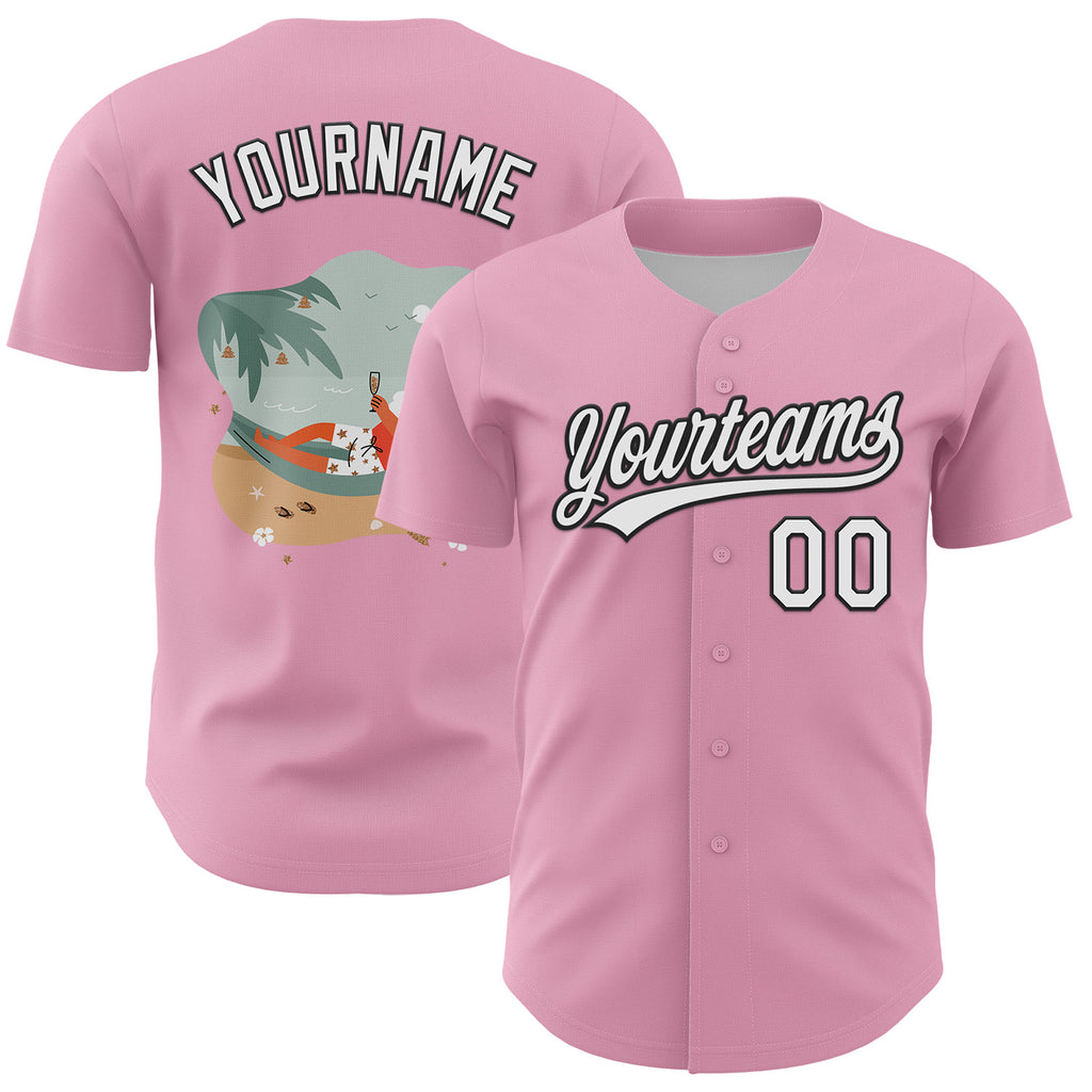 Custom Light Pink White-Black 3D Funny Christmas Authentic Baseball Jersey