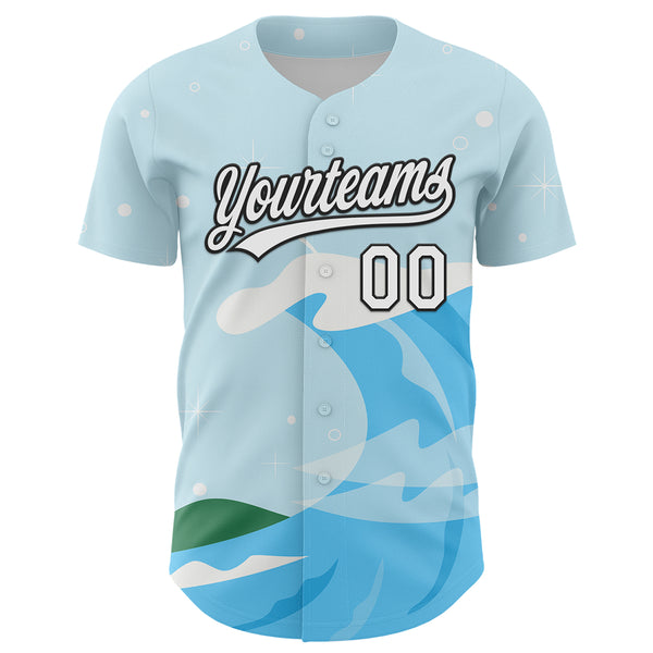 Custom Light Blue White-Black 3D Funny Christmas Authentic Baseball Jersey