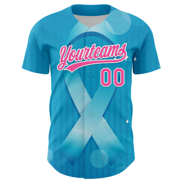 Custom Sky Blue Pink-White 3D Prostate Cancer Ribbon Authentic Baseball Jersey