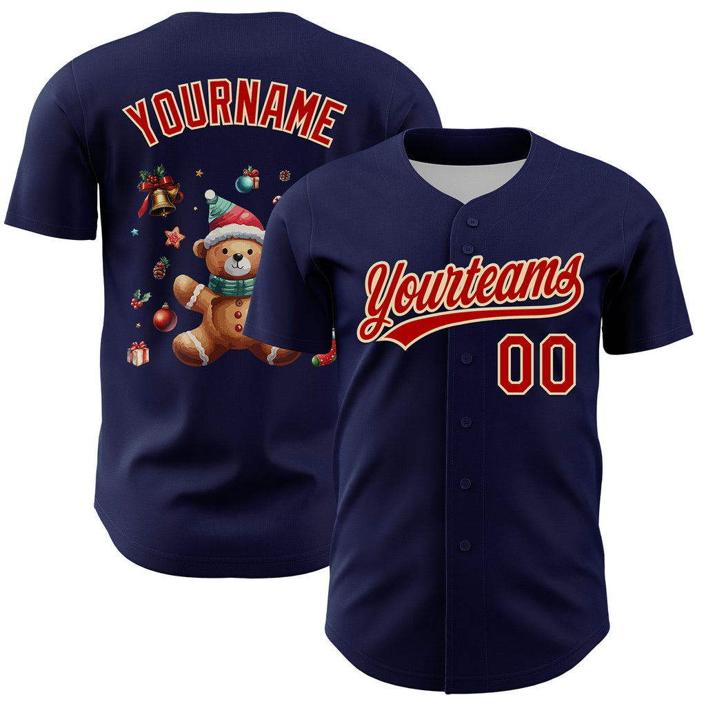 Custom Navy Red-Cream 3D Funny Christmas Authentic Baseball Jersey