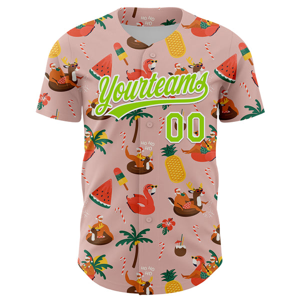 Custom Medium Pink Neon Green-White 3D Funny Christmas Authentic Baseball Jersey