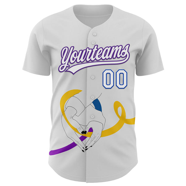 Custom White Purple Thunder Blue-Yellow 3D Bladder Cancer Ribbon Authentic Baseball Jersey