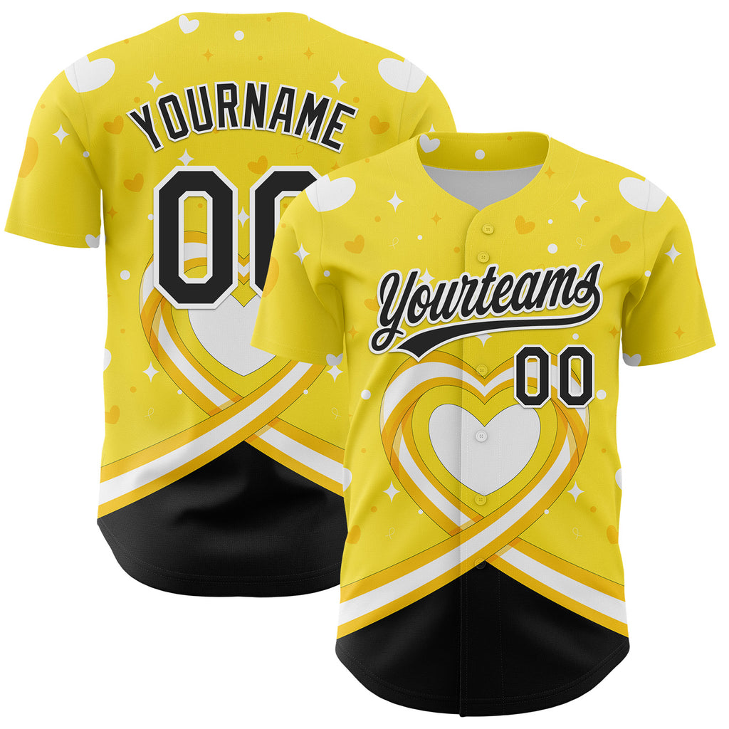 Custom Yellow Black-White 3D Bone Cancer Ribbon Authentic Baseball Jersey