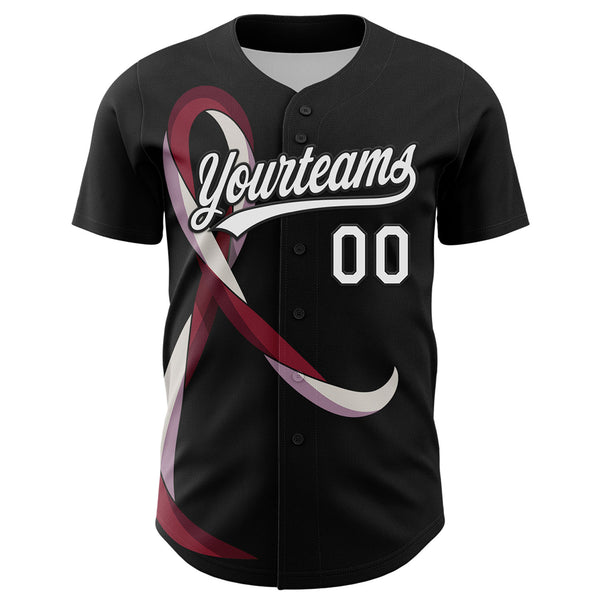 Custom Black White-Burgund 3D Head And Neck Cancer Ribbon Authentic Baseball Jersey