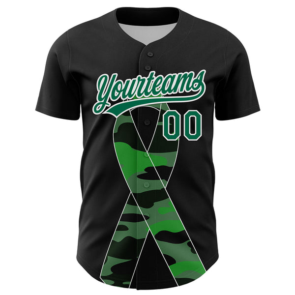 Custom Black Kelly Green-White 3D Liver Cancer Ribbon Authentic Baseball Jersey