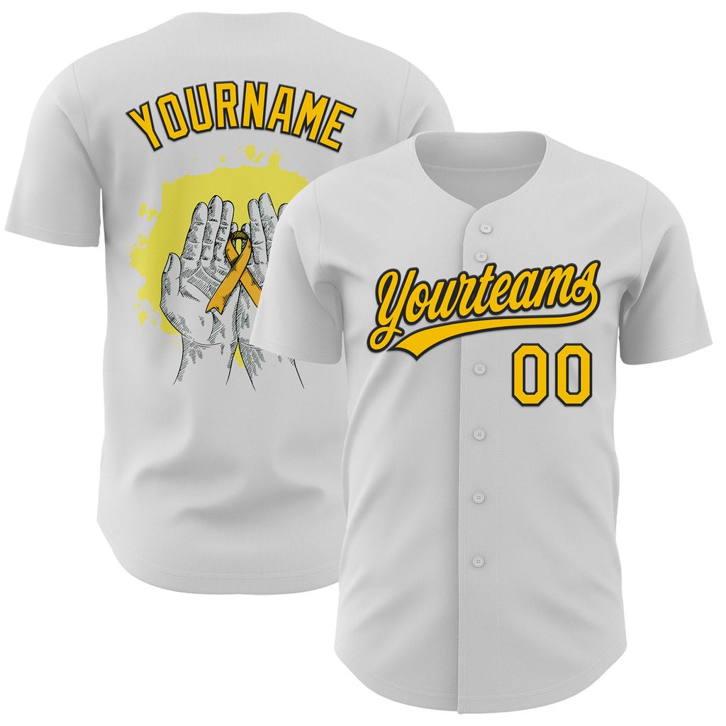 Custom White Yellow-Black 3D Childhood Cancer Gold Ribbon Authentic Baseball Jersey