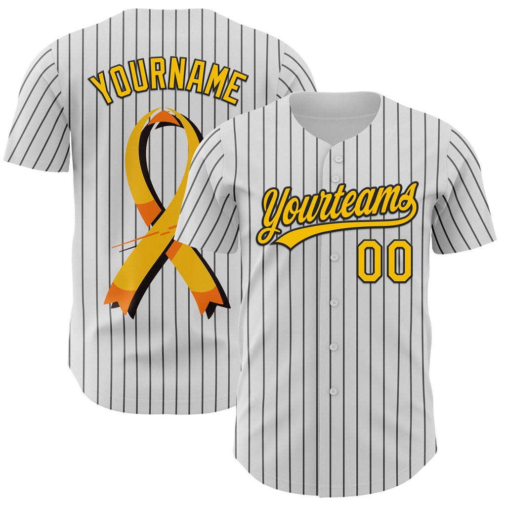 Custom White Black Pinstripe Yellow 3D Childhood Cancer Gold Ribbon Authentic Baseball Jersey