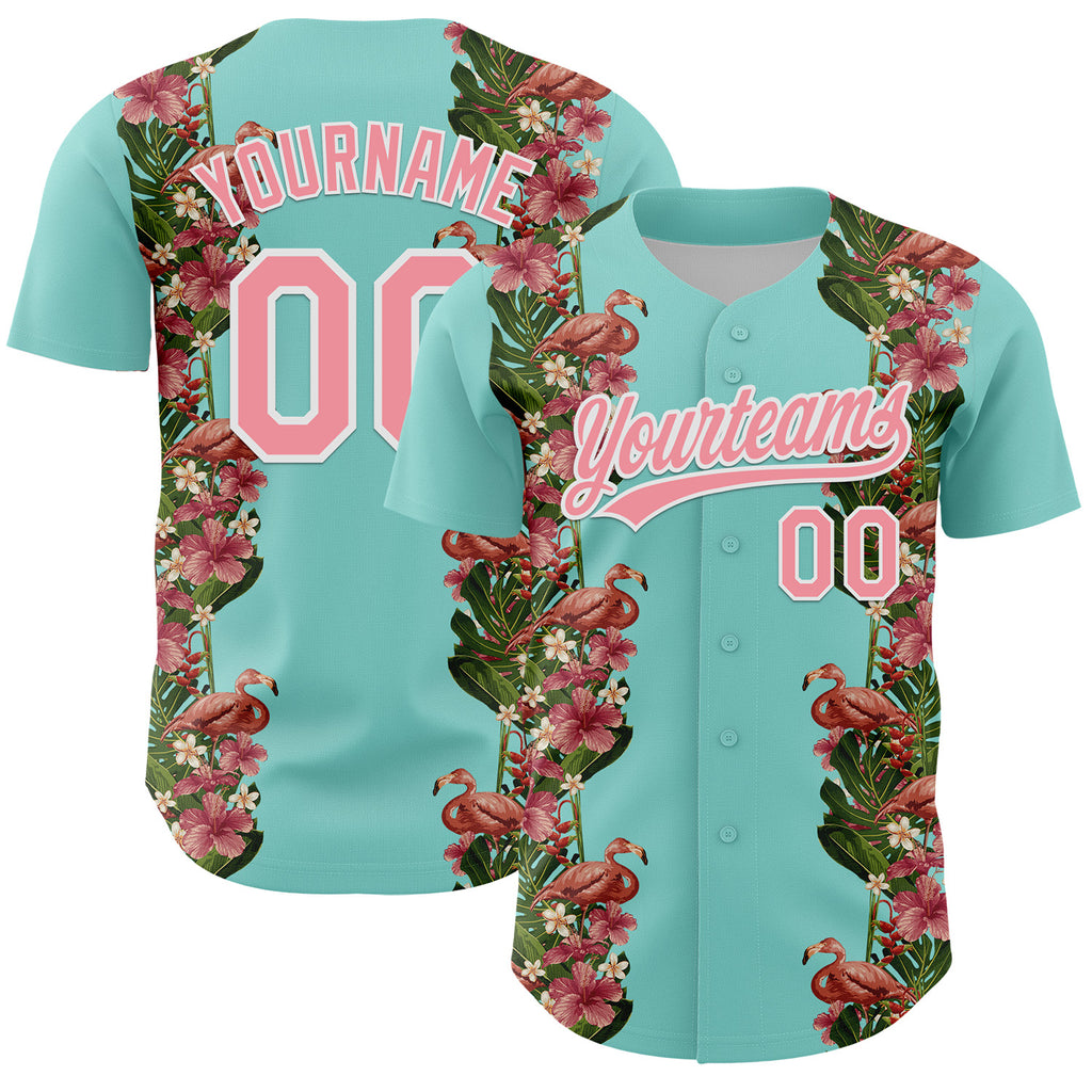 Custom Ice Blue Medium Pink-White 3D Tropical Hawaii Plant And Flamingo Authentic Baseball Jersey