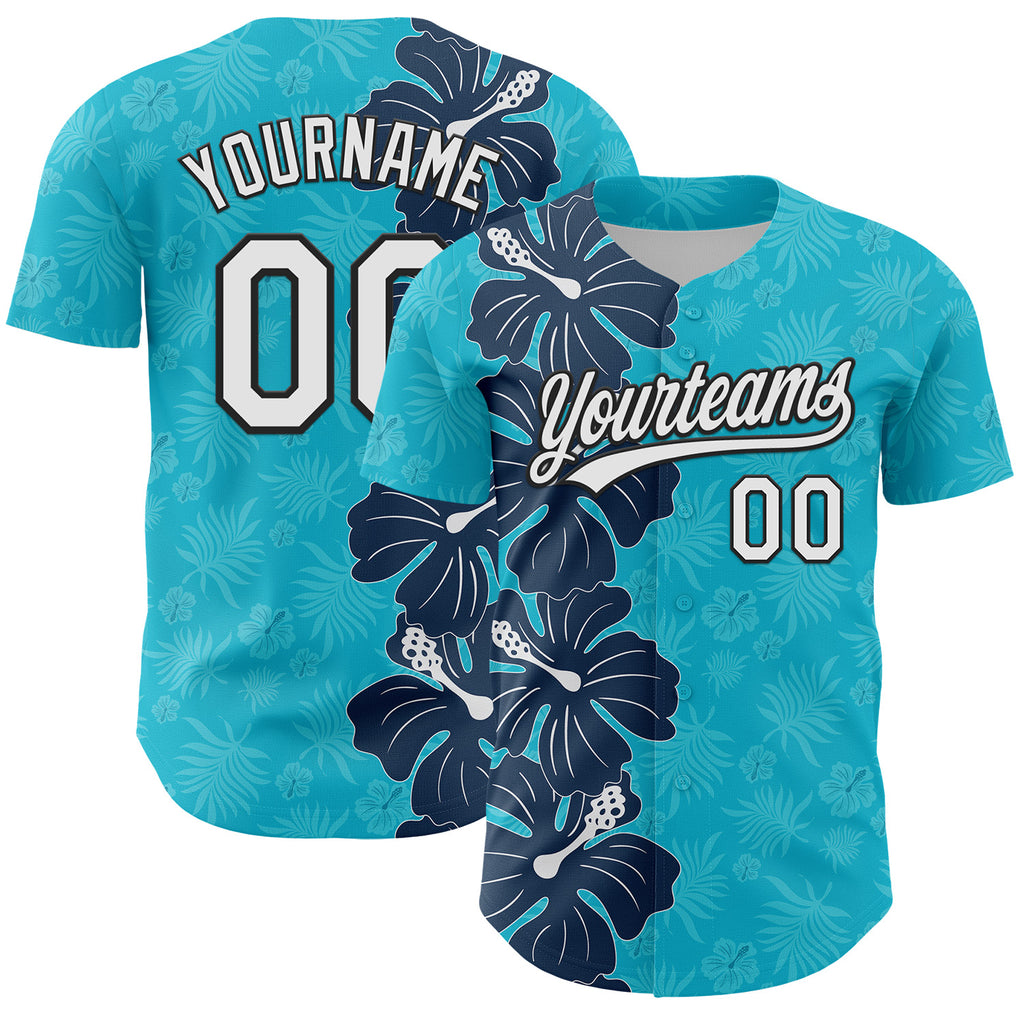 Custom Lakes Blue White-Black 3D Tropical Hawaii Jungle Leaves And Flower Authentic Baseball Jersey