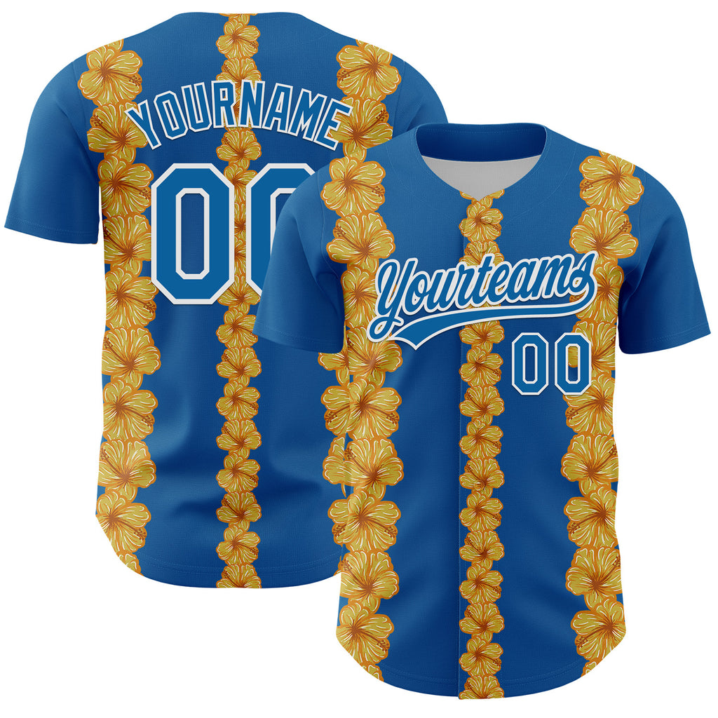 Custom Blue White 3D Tropical Hawaii Flower Authentic Baseball Jersey