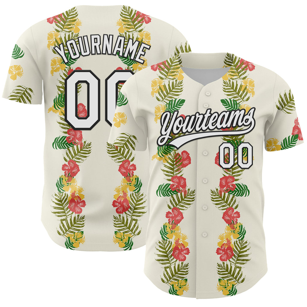 Custom White Black 3D Tropical Hawaii Leaves And Flower Authentic Baseball Jersey