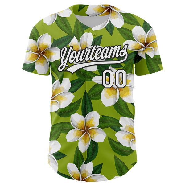 Custom Green White-Black 3D Tropical Hawaii Jungle Leaves And Flower Authentic Baseball Jersey