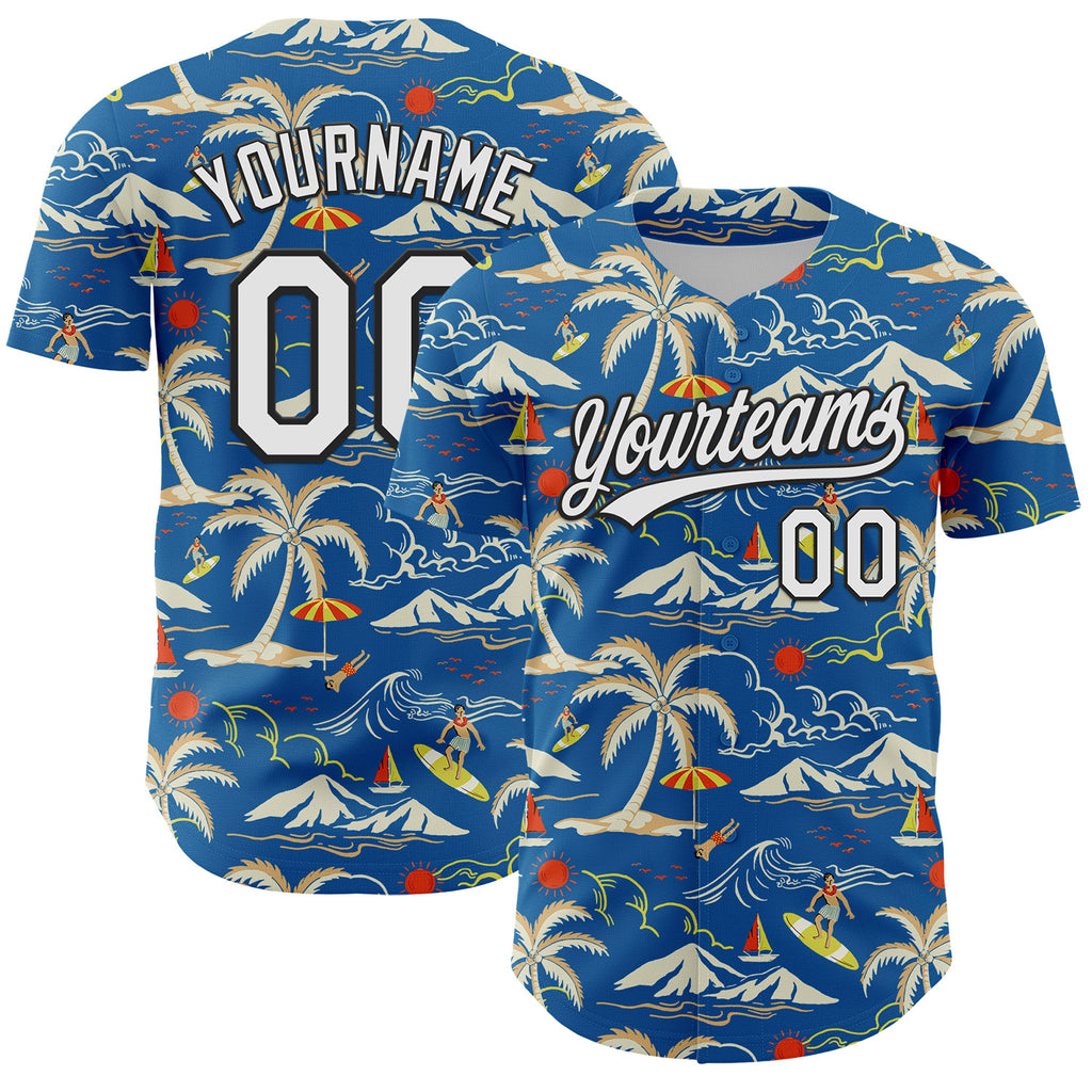 Custom Blue White-Black 3D Tropical Beach Island Hawaii Palm Tree Authentic Baseball Jersey