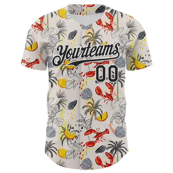 Custom Cream Black-White 3D Hawaii Tropical Palm Tree Lobster Authentic Baseball Jersey