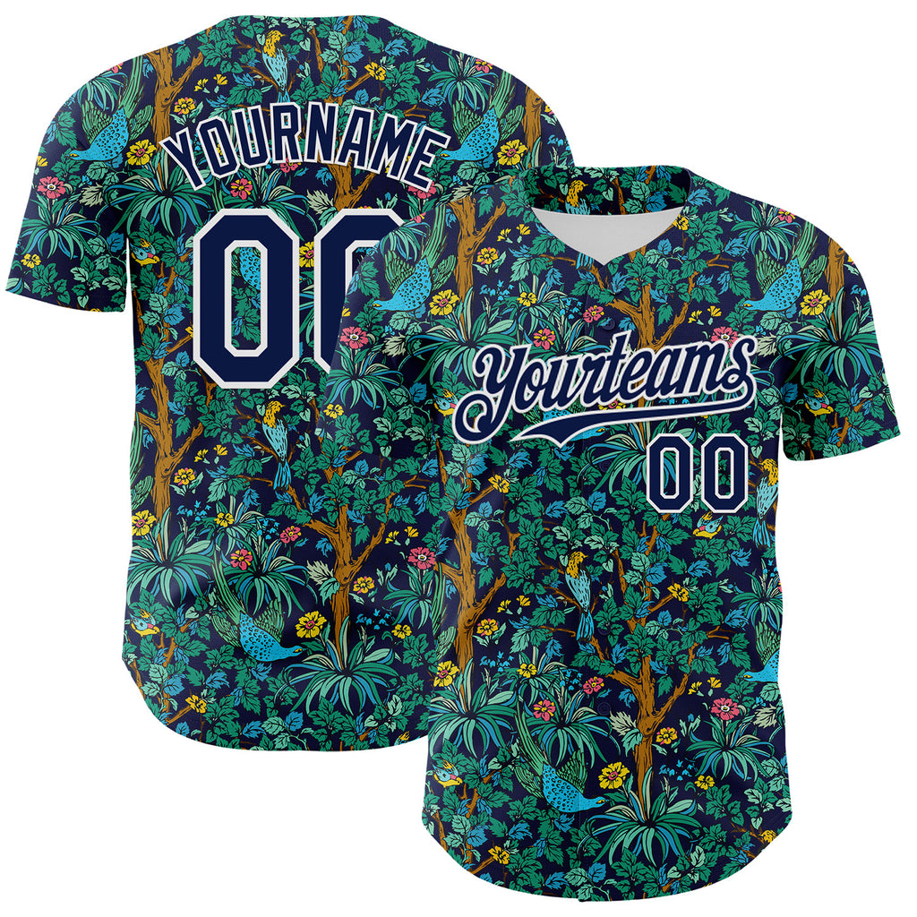 Custom Navy White 3D Hawaii Tropical Jungle Bird Authentic Baseball Jersey